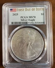 2025 SILVER EAGLE PCGS MS70 FIRST DAY OF ISSUE - FDOI FLAG LABEL .999 Oz. Silver