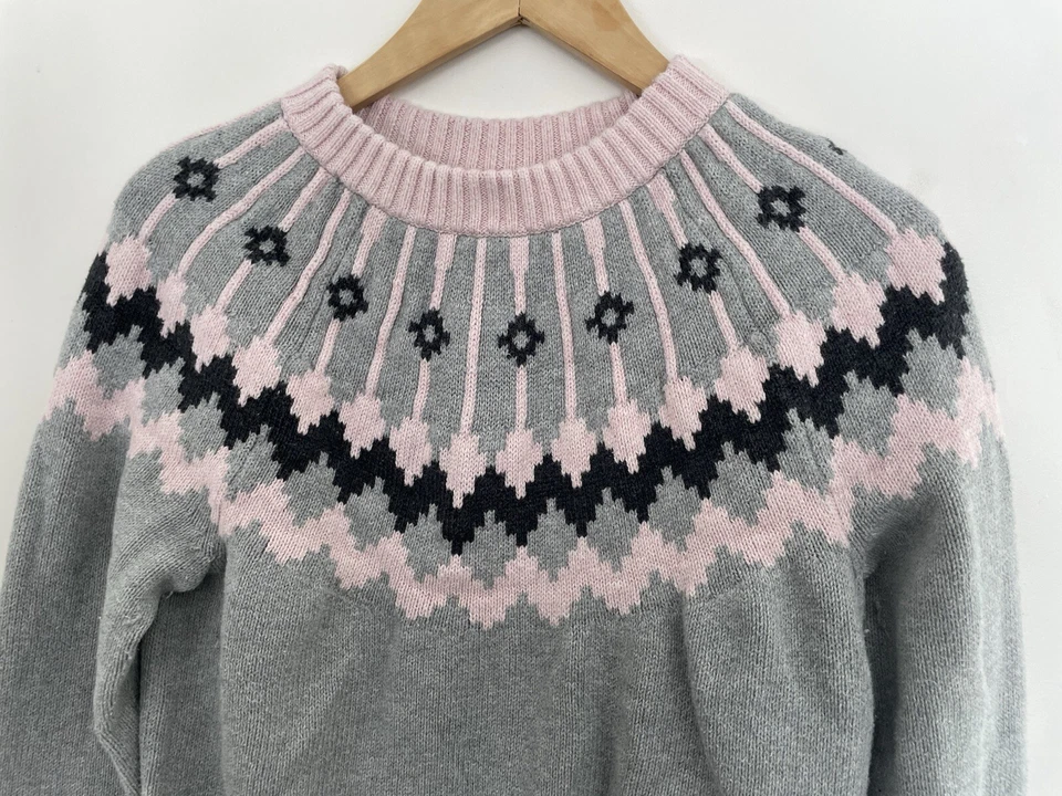 J. Suéter feminino Crew Fair Isle 100% algodão malha canelada manga longa cinza rosa M - Imagem 3 de 4