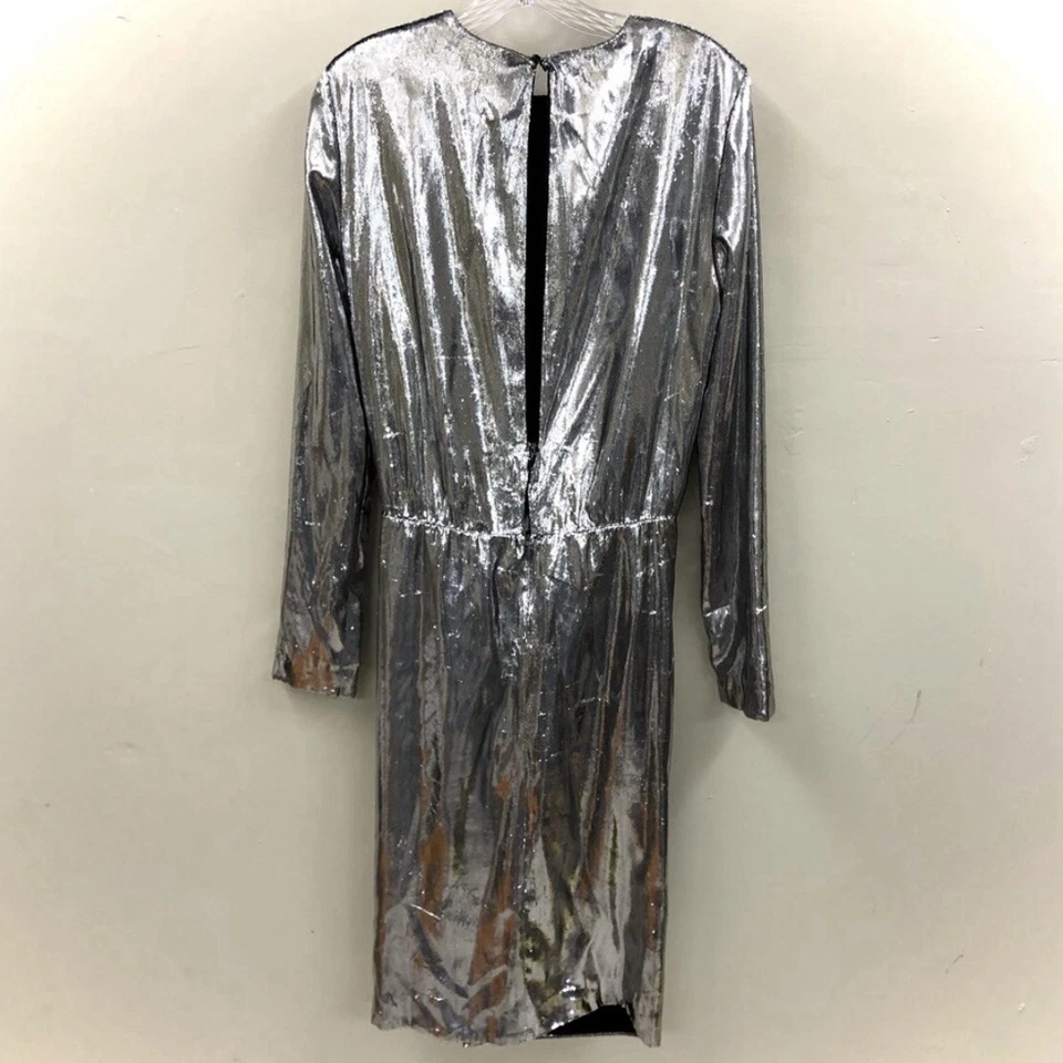 Saint Laurent Womens Silver Draped Waist Faux Wrap Metallic Silk Dress FR 40 - Image 2 of 4