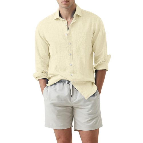 Hot Cotton and Linen Collar Solid Color Long Sleeved Men's Shirt - Picture 21 of 27
