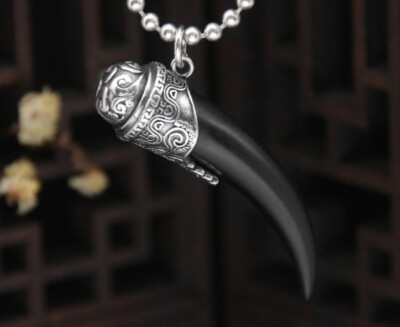 B25 Men's Pendant Wolf Tooth Wolf Tooth Black Obsidian Sterling Silver 925