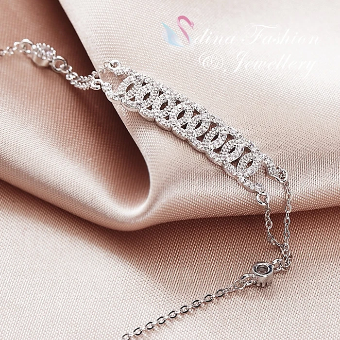 18K White Gold Plated Cubic Zirconia Exquisite Linked Circles Strip Bracelet Foto 4 de 4
