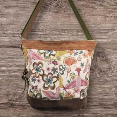 Lucky Brand Bucket Shoulder Bag Crossbody Canvas Suede Birds Floral Boho XL 