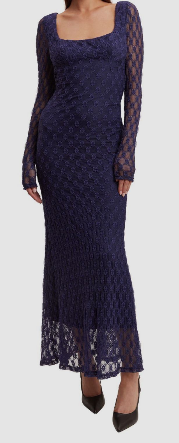 Bardot Women's Blue Adoni Lace Long-Sleeve Midi Dress Size XL