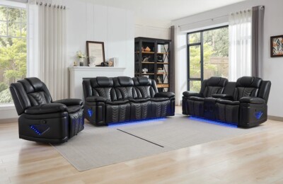 NEW LED Black Leather Sofa 3PC Recliner Set Bluetooth Speaker & USB Charging