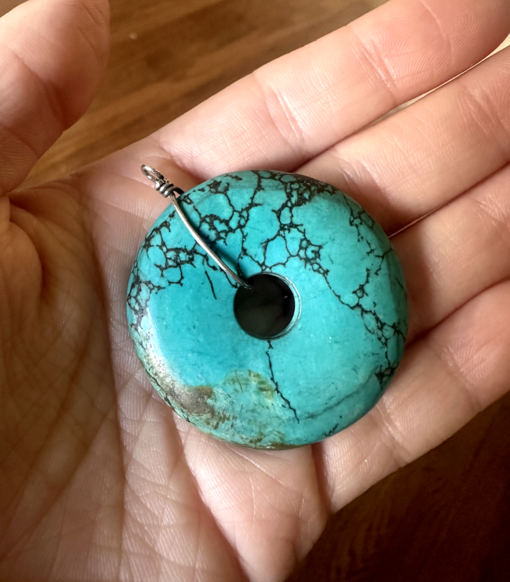 Turquoise Donut Circle Pendant Wire-Wrapped