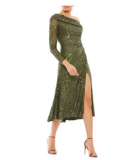 MAC DUGGAL 26551 SEQUIN ONE-SHOULDER LONG SLEEVE OLIVE MIDI DRESS sz 10