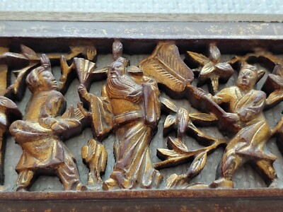 清代金漆木雕琴鹤相随花板Antique Chinese Qing Dynasty Wooden Hand
