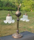 Antique Standing Eagle Double Wavy Milk Glass Brass Electric Desk Table Lamp 23"
