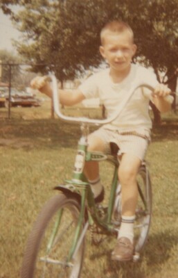 1970s Boy Bicycle Green Bike Riding Childhood Play Outdoor Portrait