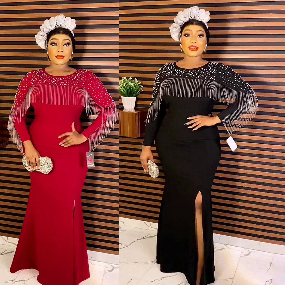 African Women Dress Arab Robe Round Neck Long Sleeve Beaded Tassel Dress  Gown