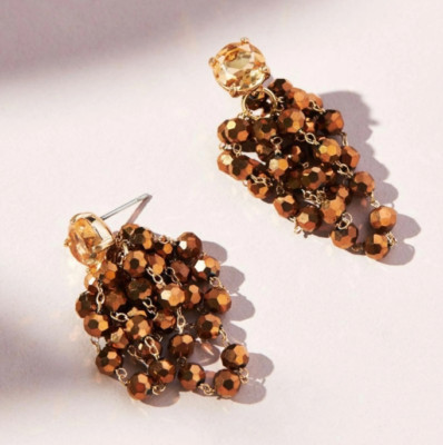 Anthropologie Waterfall Beaded Drop Earrings Bronze Taupe New with Tags