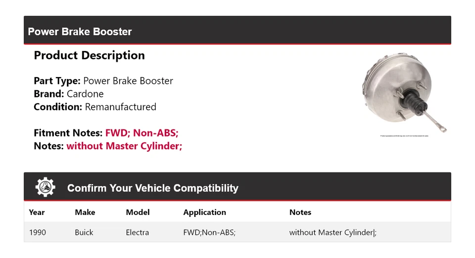 Para Buick Electra 1990 tracción delantera freno eléctrico Booster Cardone Foto 2 de 4