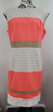 Studio One Sleeveless Coral Tan White Lace Overlay Sheath Dress Women's Size 14