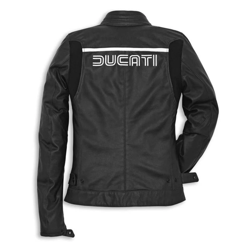 Chaqueta de cuero para motocicleta Ducati años 80 para mujer - negro blanco equipo de motociclista de carreras Foto 2 de 4