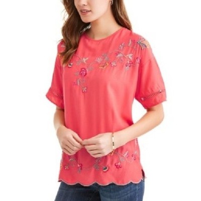 Time Tru Women  Plus Size 3XL Tunic Top Floral Accent Scalloped Hem Embroidered