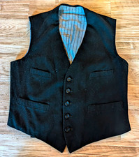 Men  s 1920/30 Wool Black Button Front Vest, Striped Lining, Adj Back, 38" Chest