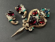 VTG 1947 Crown Trifari Sterling Silver Brooch / Earrings. Jelly Belly Cabachons