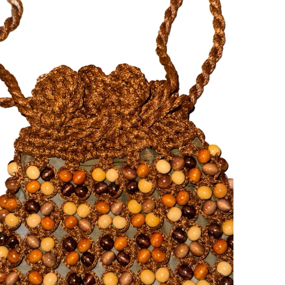 Bolso Cartera Mujer Vintage Con Cuentas WALBORG Marrón Cuentas Flecos Hecho a Mano en Japón Foto 3 de 4