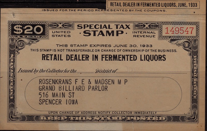 Special Tax Stamp 1933 Fermented Liquor Dealer.  1933!