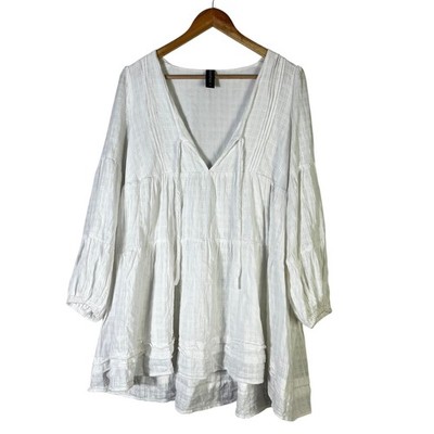 MinkPink Tiered Textured Long Sleeve Mini Dress White Size M