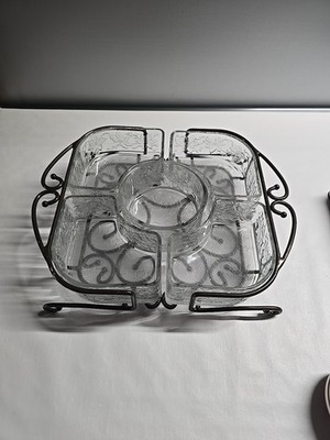 Princess House Fantasia Crystal Chip And Dip Veggie Server Metal Caddy 6pc