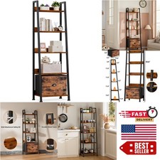Rustic 5-Tier Ladder Shelf with Removable Drawer - Multi-Functional Storage