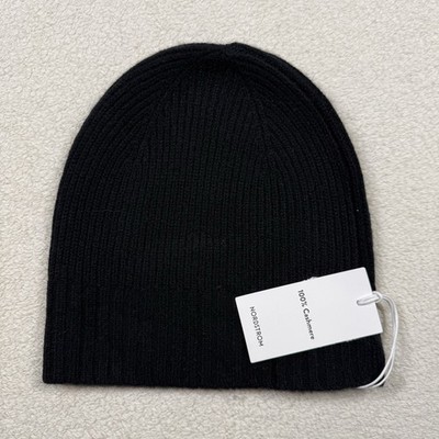 Nordstrom Black 100% Cashmere Ribbed Knit Beanie Hat One Size