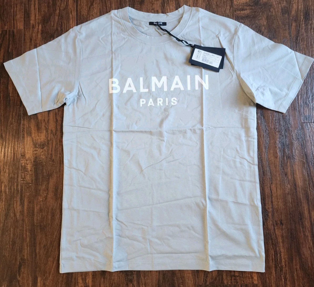 NEW Balmain Paris Logo Print T-Shirt Men’s 100% Authentic Gray Blue, Medium New