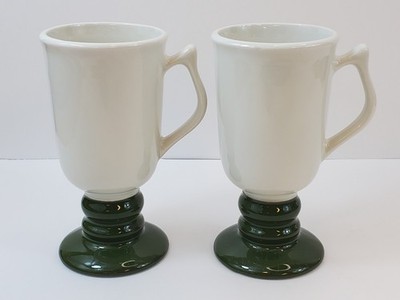 2 Vintage Hall Footed Pedestal Irish Coffee Mugs #1273 USA Green & White 
