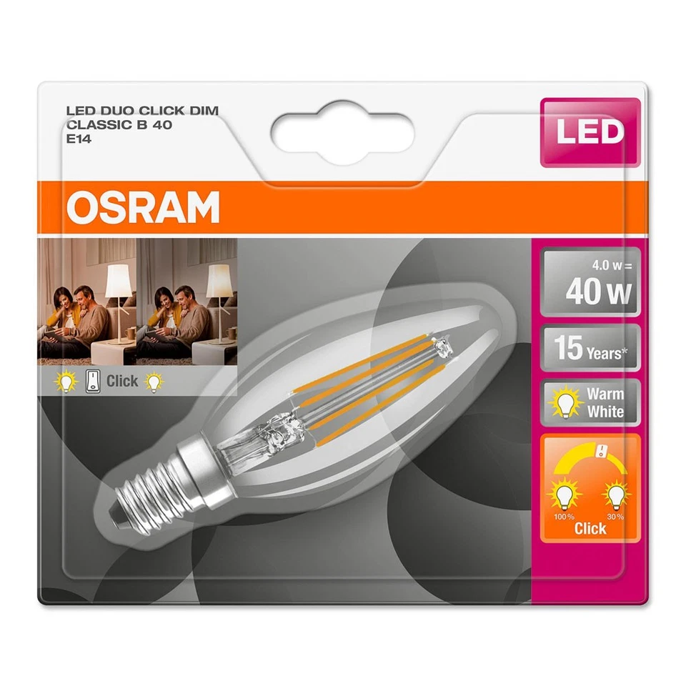 6x Osram LED Filament Duo Click Kerze 4W =40W E14 klar warm per Schalter DIMMBAR - Bild 4 von 4