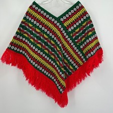 Vintage Womens Southwestern Geometric Woven Fringe Poncho OS Folk Colorful Indie