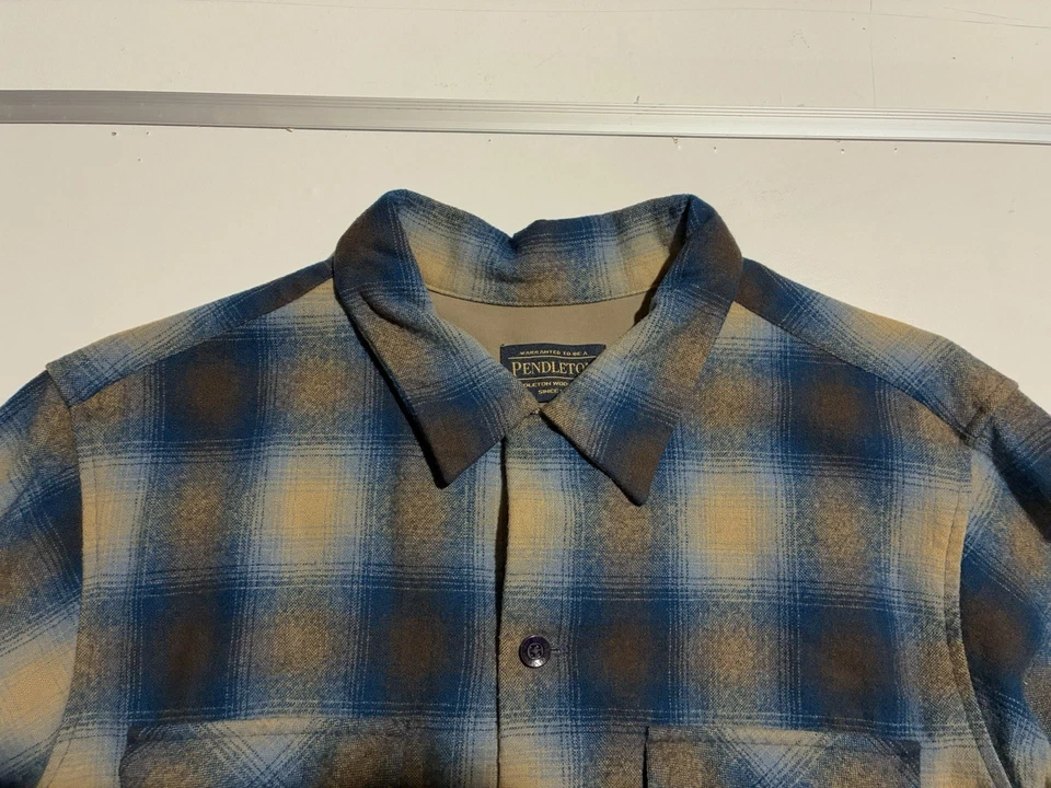 Pendleton Board Shirt M Lined Wool Plaid Blue Tan Spray Fade USA Fabric - Read - Image 4 of 4