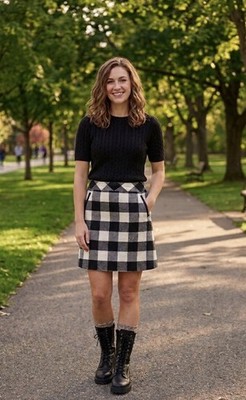 Talbots Buffalo Plaid Wool Blend A-Line Mini Blk/Wht Zip Pockets Check Lined 12
