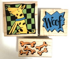 Dog Theme Rubber Stamps Wood Mount Lot of 3 Rubber Stampede Bones Woof