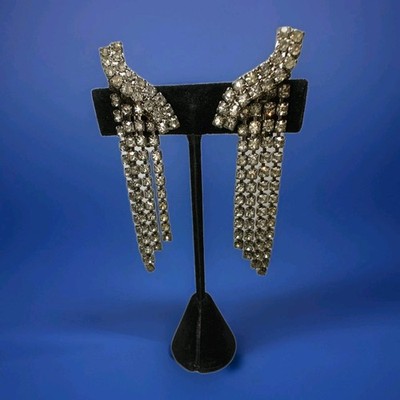 Long Vintage Multiple Prong Set Rhinestone Waterfall Climber Clip Back Earrings