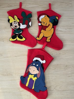Disney Christmas Stocking Eeyore Pooh & Minnie Mouse Lot Of 3 Vintage 90s Felt