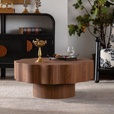 31.5'' Scalloped Edge Coffee Table - Walnut MDF Wood Grain Sticker Center Table