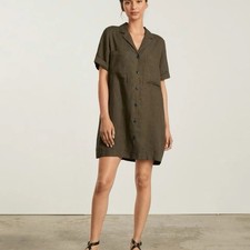 Everlane Linen Workwear Dress Large button down pockets casual olive green comfy
