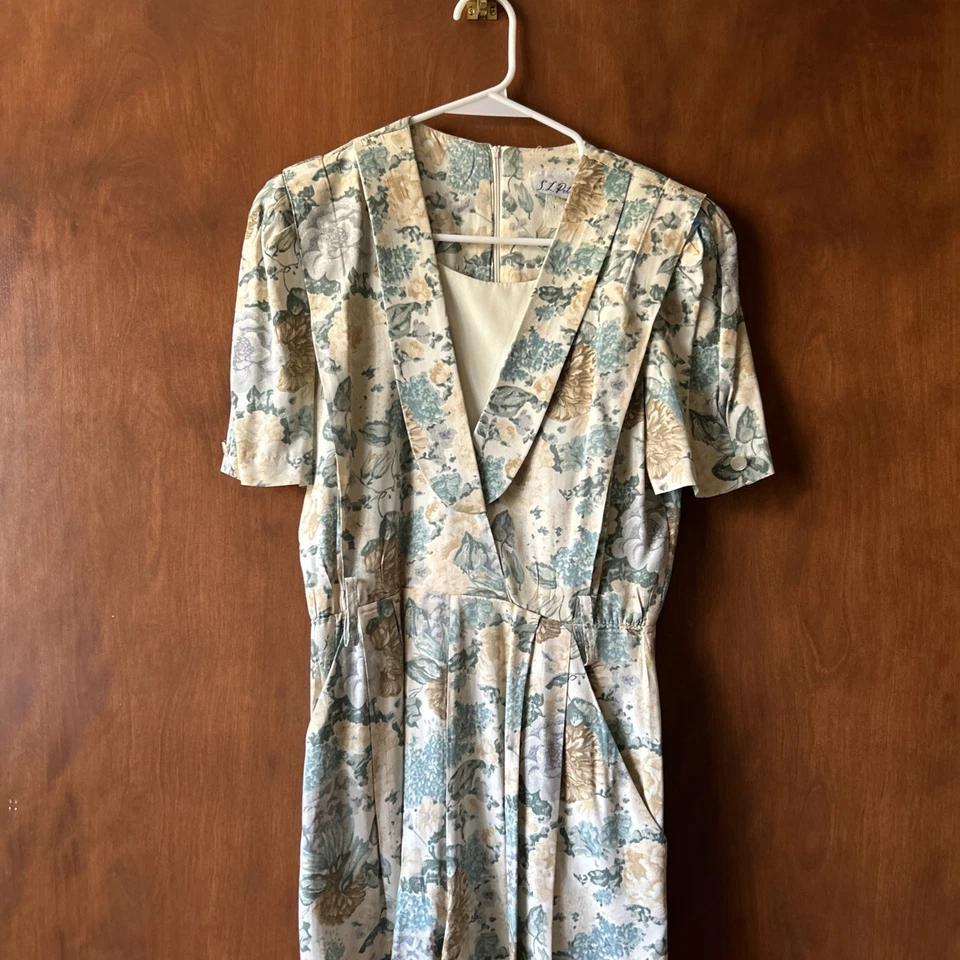 Винтажный 80-х Summer печати Детский комбинезон белый цветочный зеленый/желтый платье SL Petites - Изображение 2 из 4