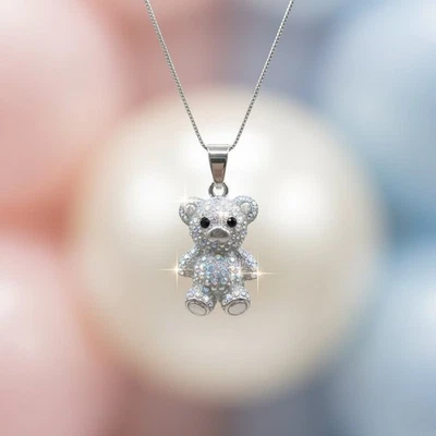 Collier - Pendentif - Ourson  - Swarovski® Elements – Acier Inoxydable - Rhodié - Photo 1/4