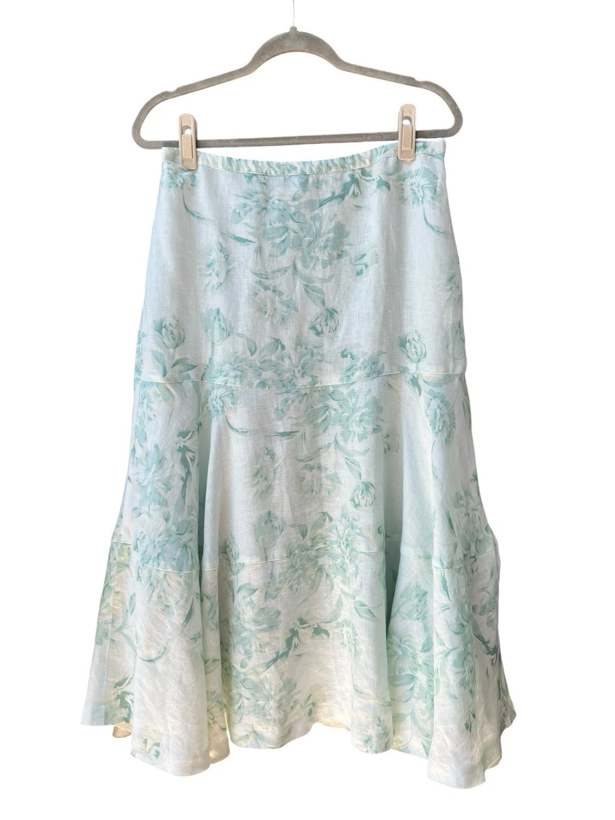 Rafaella Green Floral 100% Linen Midi Skirt Size 12
