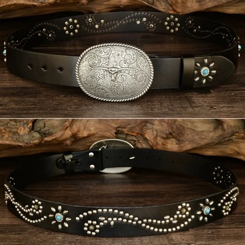 Real Leather Waist Belt Heavy Metal Stone Rivet Studded Unisex Punk Waistband - Picture 19 of 28
