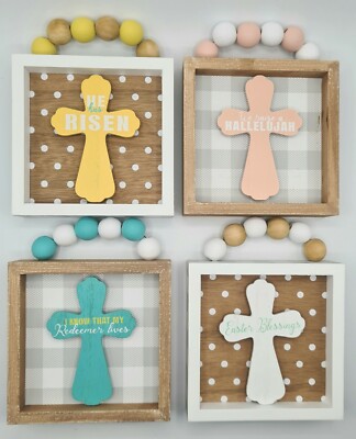 Easter ''He Is Risen'' Cross Religious Spiritual Sign Set 4 Wood White Brown 5''x5''
