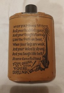 Vintage Drinking FLASK W/ Leather Casing Inspirational Drinking Saying Souvenir