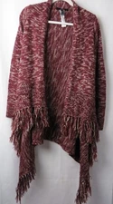 Forever 21 Fringed Sweater Shawl Collar Long Sleeve Burgundy White Small  #7238