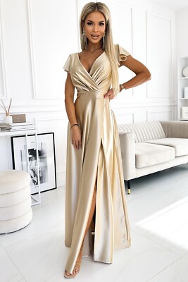 NUMOCO long satin dress CRYSTAL with deep neckline and slit size L