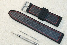 Silicon Rubber Carbon Fibre Look Black Red Stitch Watch Strap 18-24mm Bar & Tool