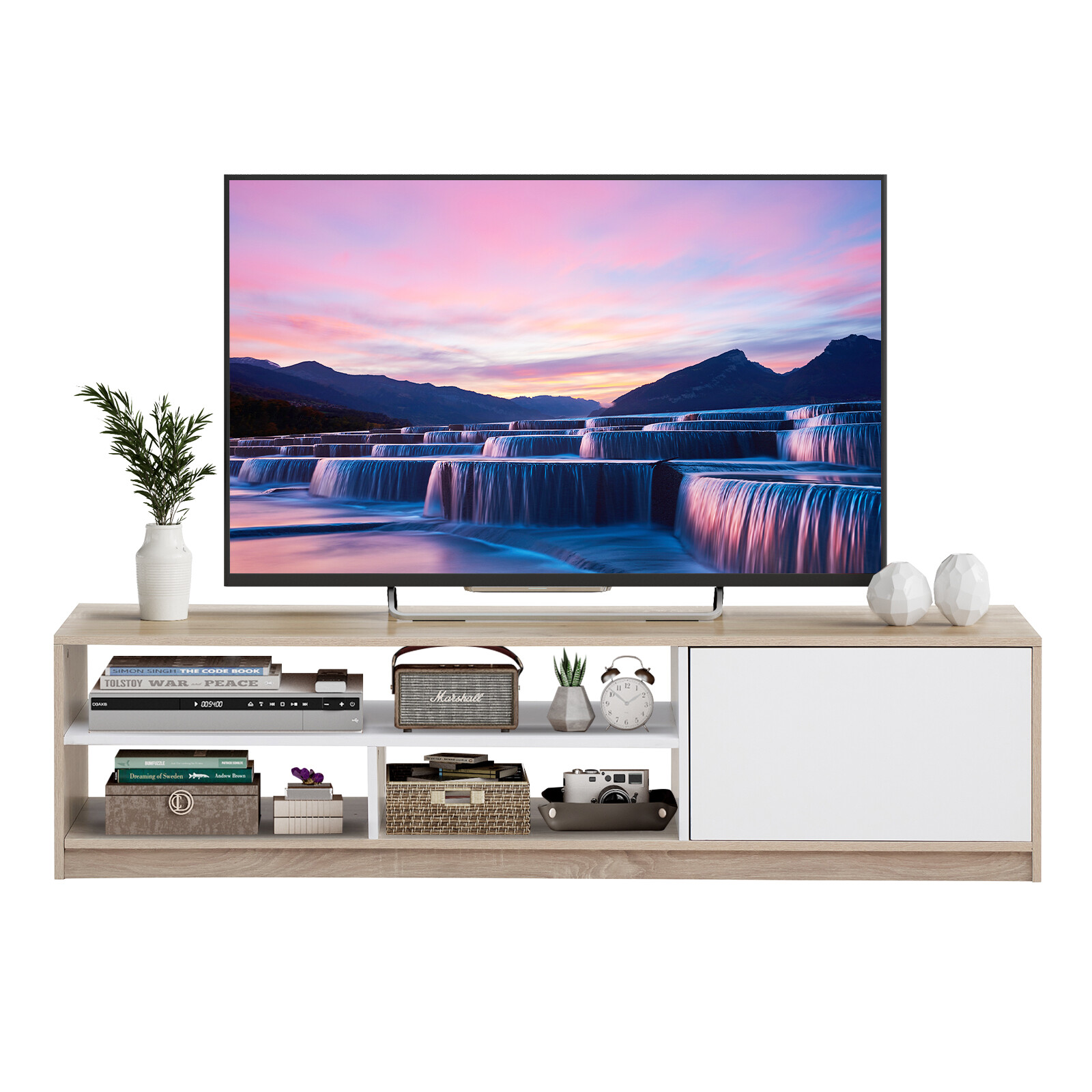 63" TV Stand Media Entertainment Center Console w/ Pop-up Door & Open Shelves
