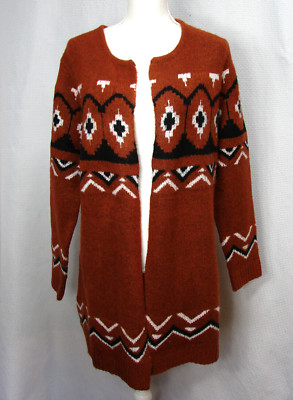 Absolutely Famous Cardigan Open Front Sweater Southwestern Orange Brown Black M